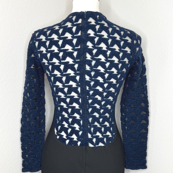 UKE. Bodycon Dress Sz 6 Made in Spain Lace Mesh Top Ponte Knit Bottom Navy Black - Picture 6 of 11